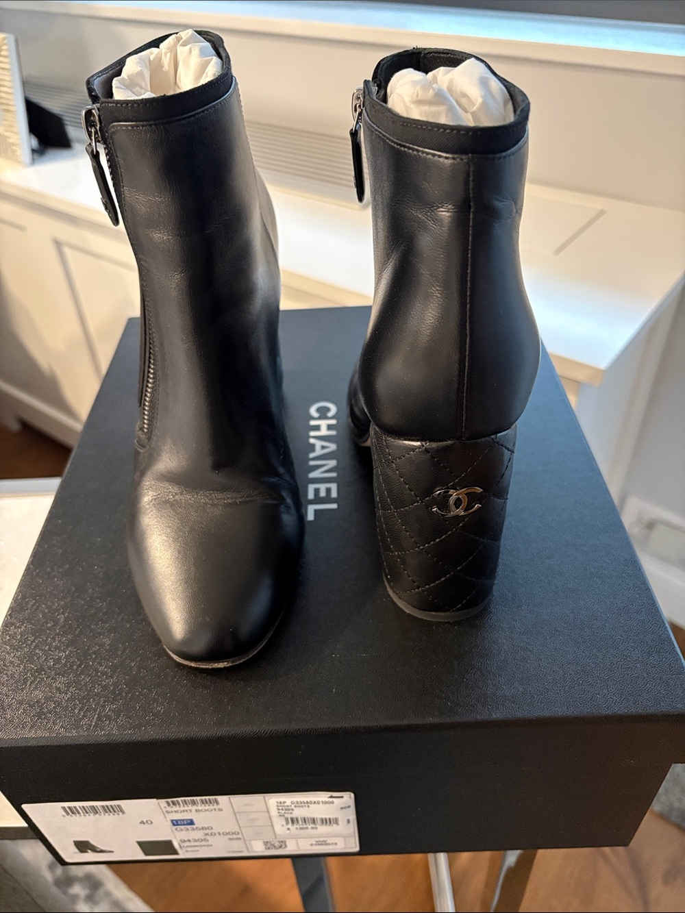 CHANEL Black Lambskin Quilted CC Heel Ankle Boots Size 40 - Picture 2 of 8